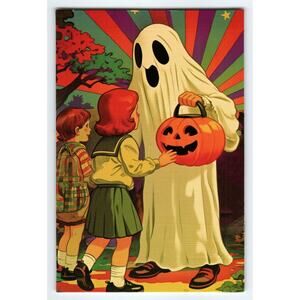 Vintage Halloween Photochrome Postcard Kids and Ghost with Pumpkin